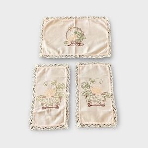 Dresser Vanity Scarfs 3 Piece Embroidered Green,Yellow,Brown On Pink Lace Edge